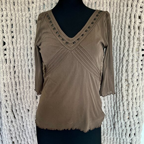 Olsen Brown Embellished V-Neck Blouse – Size Medium - Picture 1 of 9